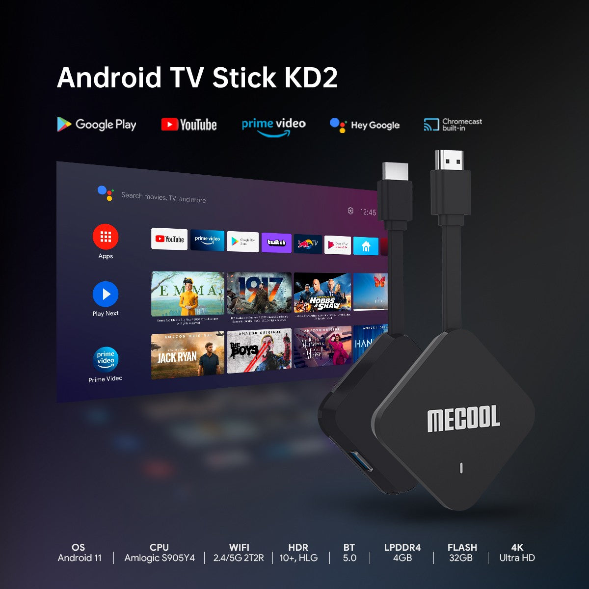 MeCool KD2 Android 11 TV Stick Dongle - Google Gecertificeerd 4/32GB