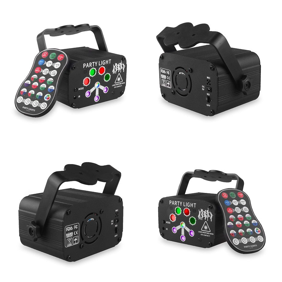 AFINTEK Mini Stage Laser Rood, Groen & Blauw - Mobiel - Met Batterij - Inclusief Afstandsbediening - 128 Patronen - Zwart