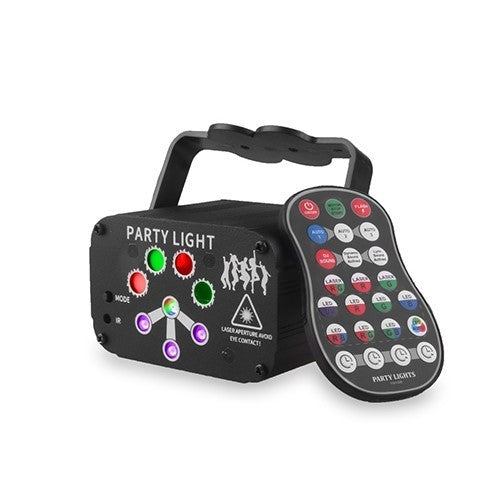 AFINTEK Mini Stage Laser Rood, Groen & Blauw - Mobiel - Met Batterij - Inclusief Afstandsbediening - 128 Patronen - Zwart