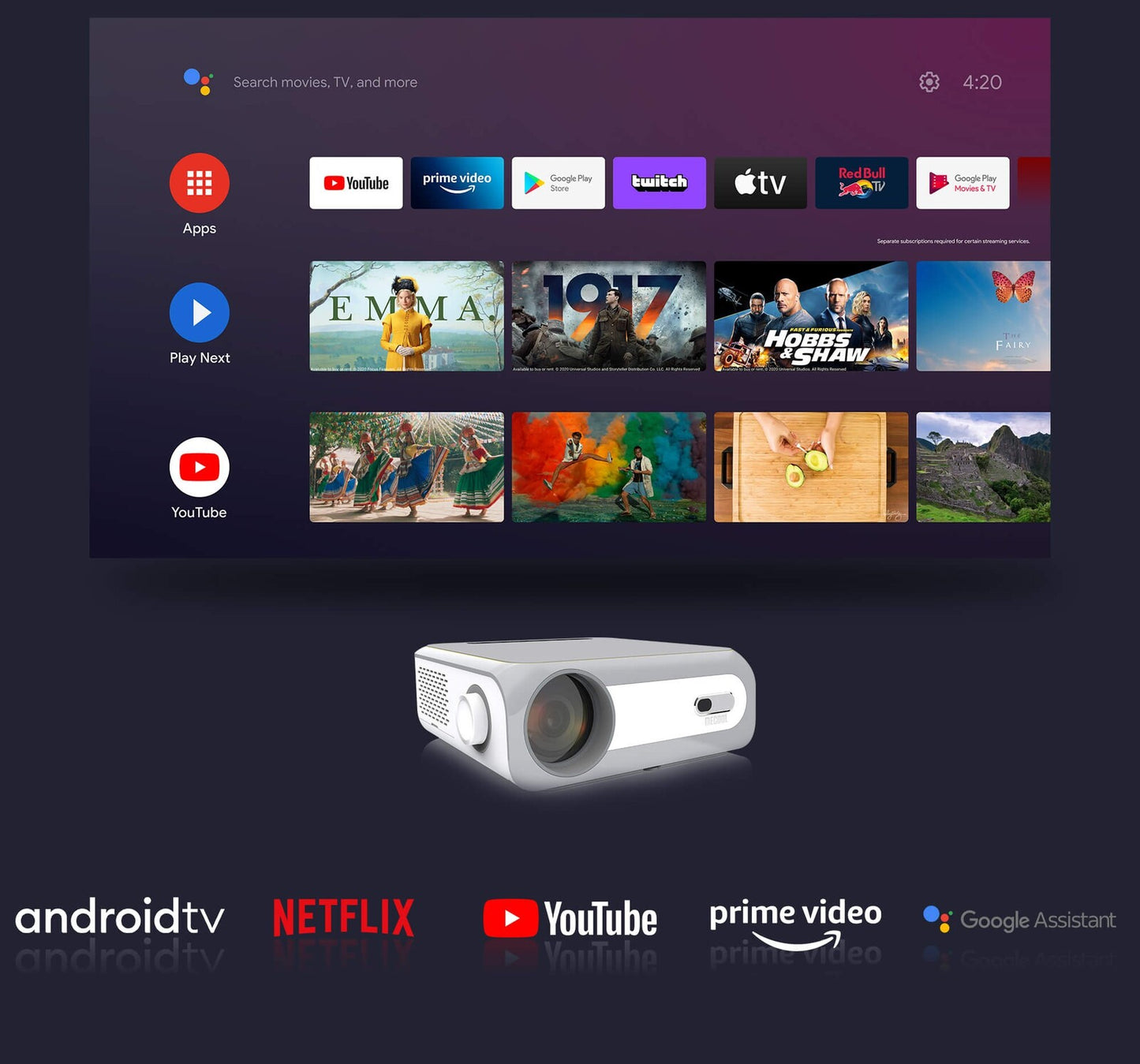 MeCool KP1 Android TV 11 1080P Mini Beamer - ViaPlay, ZiggoGo TV, Netflix 4K, Disney+ etc. - 4D Keystone - 14000 Lumens