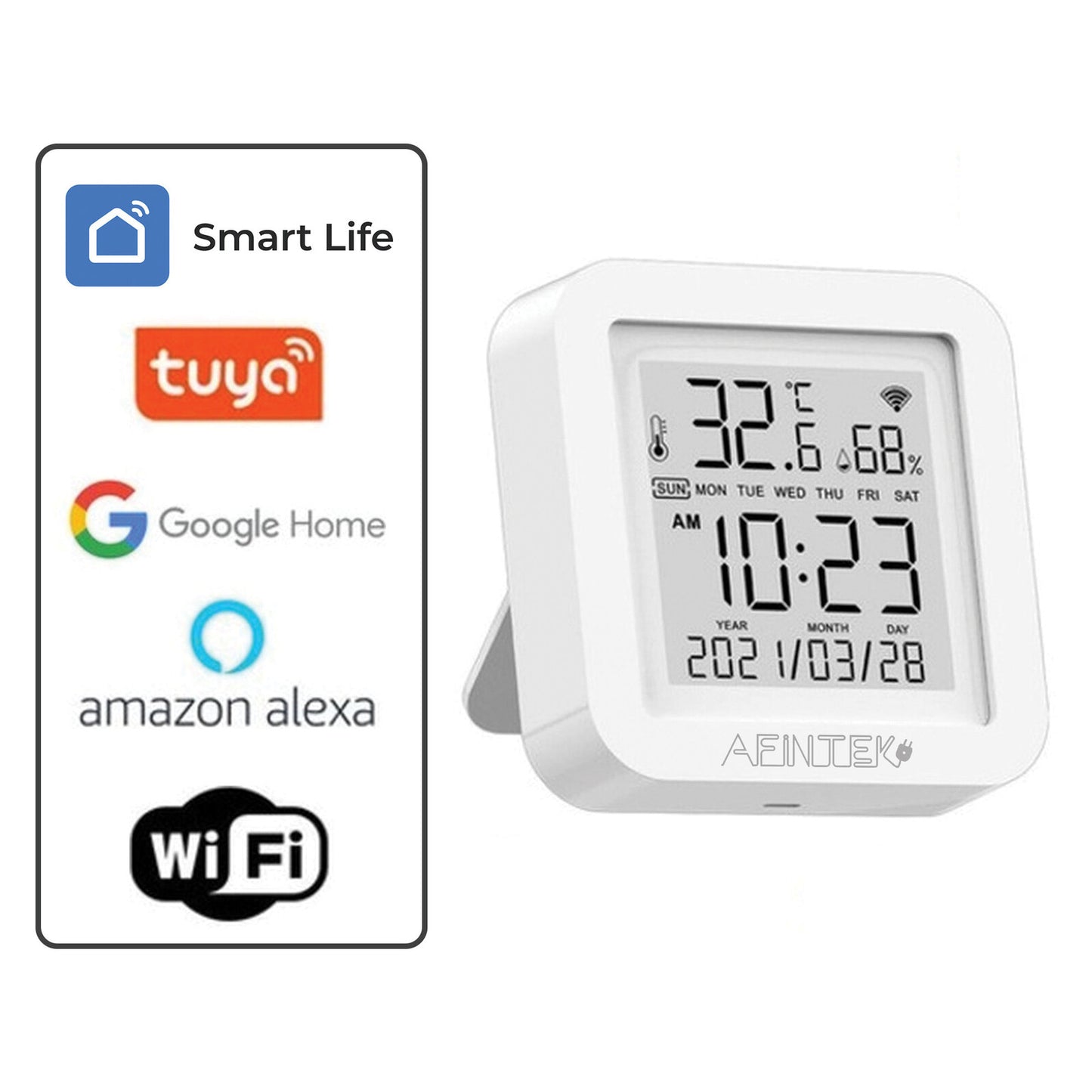 AFINTEK Smart Life WiFi Thermometer / Hygrometer Inclusief Datum & Tijd - Batterij Versie