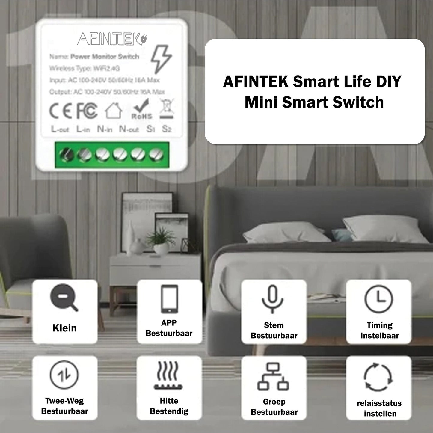 AFINTEK Smart Life DIY Mini Smart Switch - 16A - Energieverbruik Meten