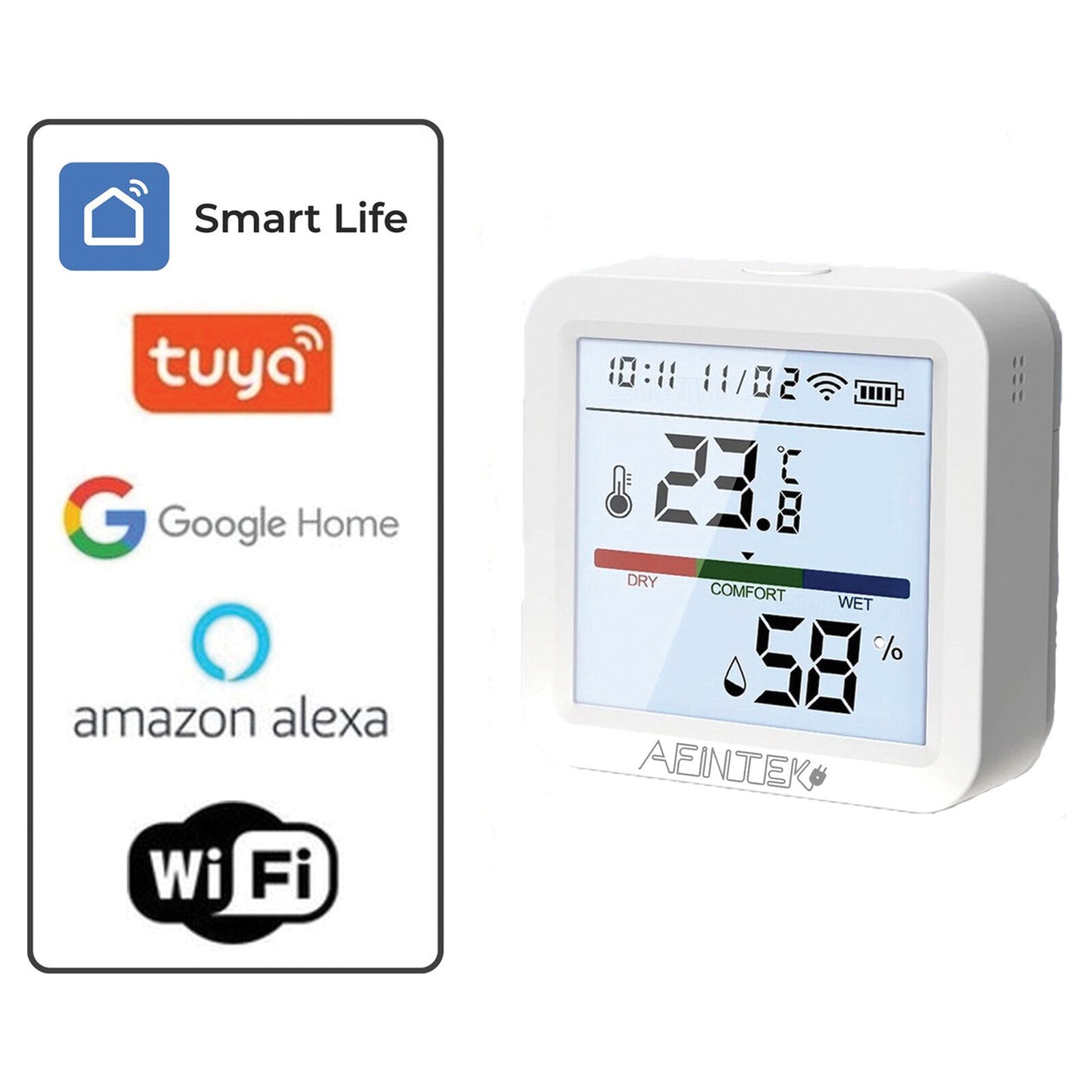 AFINTEK Smart Life Thermometer & Hygrometer - WiFi - Achtergrondverlichting - Batterij Versie (TH03)