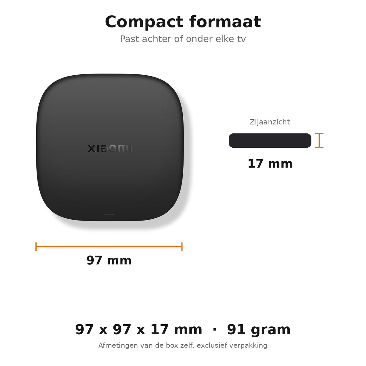 Afmetingen Xiaomi TV Box S 3rd Gen: 97 x 97 x 17 mm en 91 gram