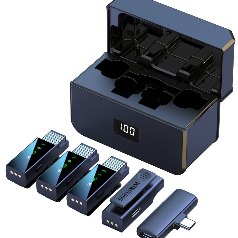 ATM04 draadloze microfoon set met 4 zenders, USB-C ontvanger en oplaadcase