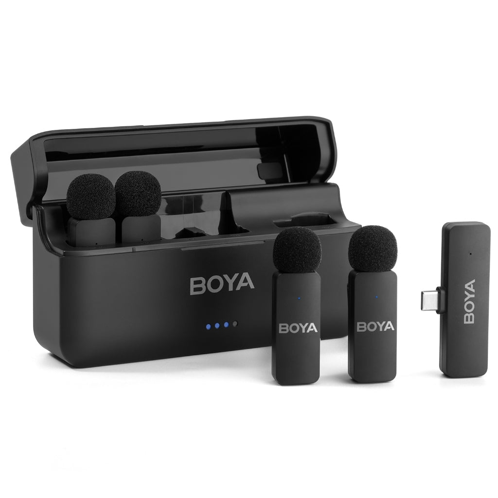 BOYA BY-V4U draadloze microfoon set met 4 zenders, USB-C ontvanger en oplaadcase